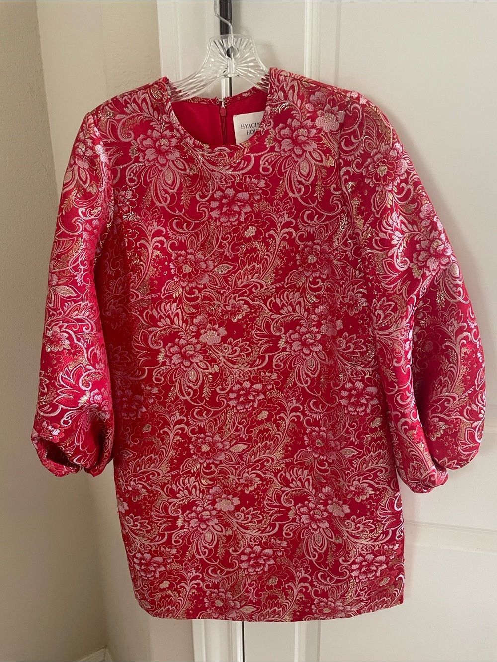 Red Floral Brocade Long Sleeve Dress - Elegant Evening Wear